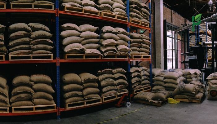 Cà phê đóng gói số lượng lớn được bảo quản trong kho để giữ độ tươi ngon