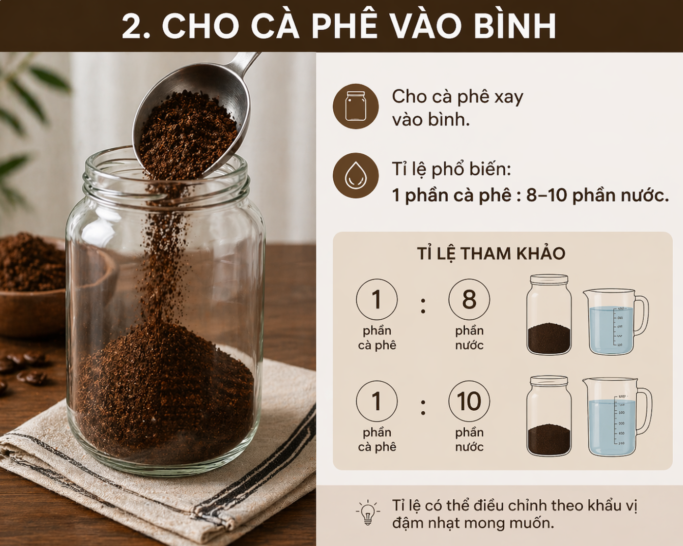 Cho cà phê vào bình